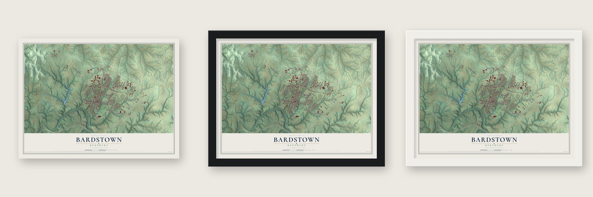 Bardstown, Kentucky map unframed, in a black wood frame and in a white wood frame