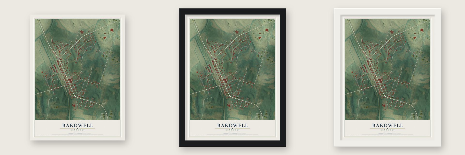 Bardwell, Kentucky map unframed, in a black wood frame and in a white wood frame