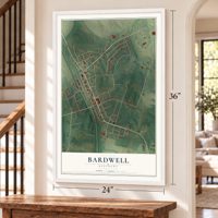 Bardwell, Kentucky map, 24 x 36 inch print in a white frame by a staircase