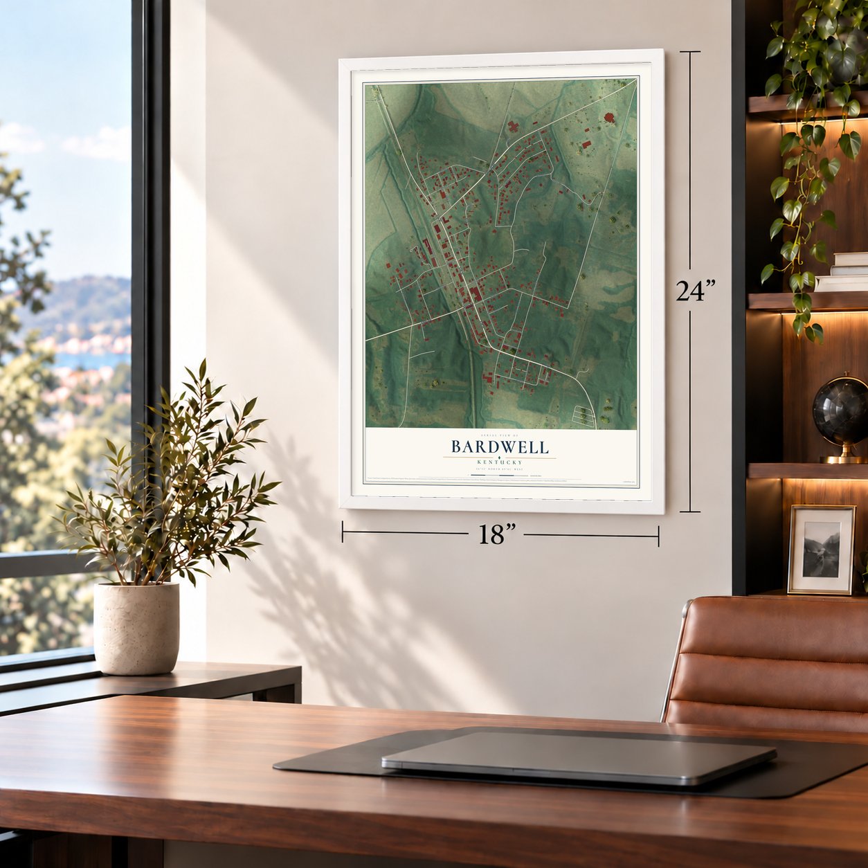Bardwell, Kentucky map, 18 x 24 inch print in a white frame in a home office