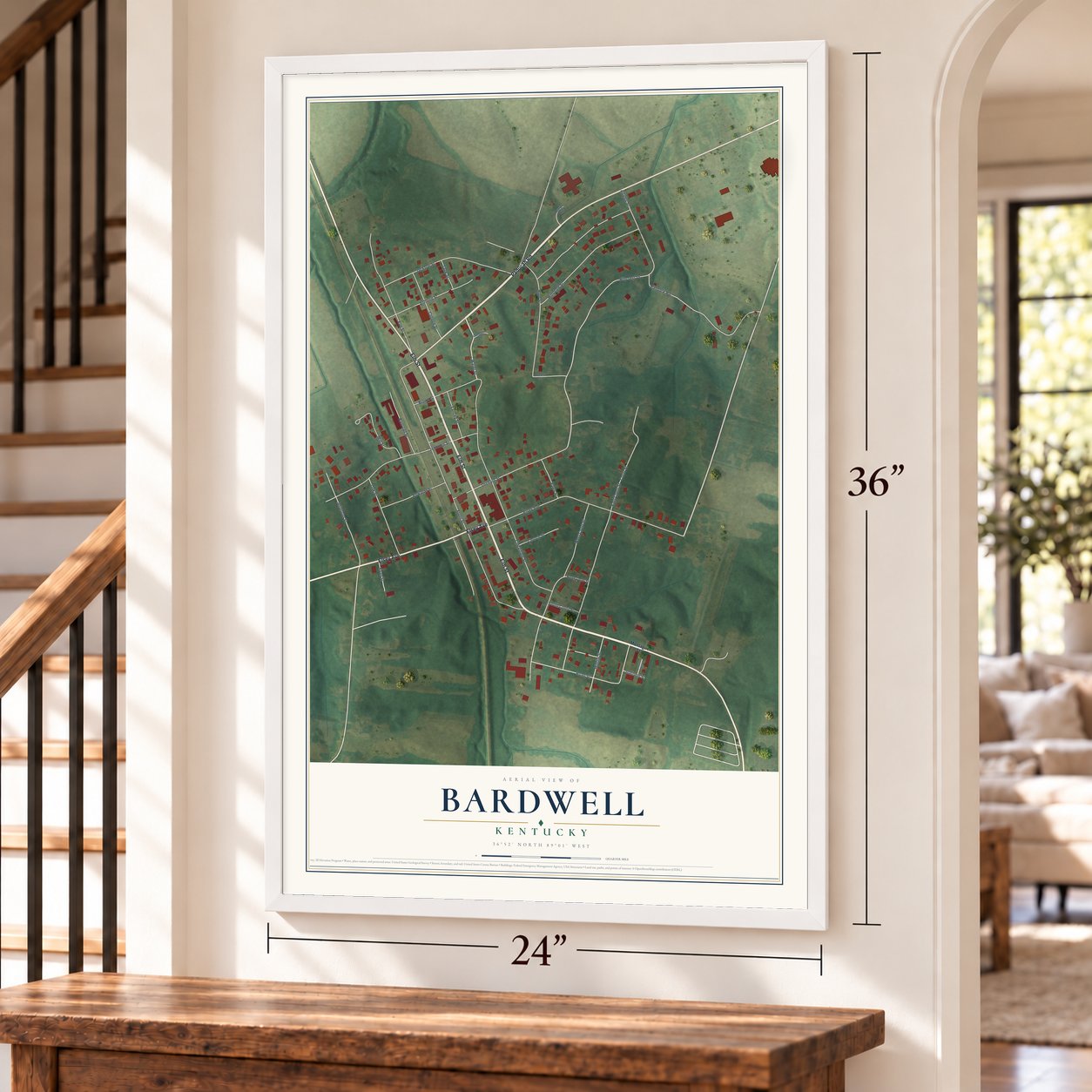 Bardwell, Kentucky map, 24 x 36 inch print in a white frame by a staircase