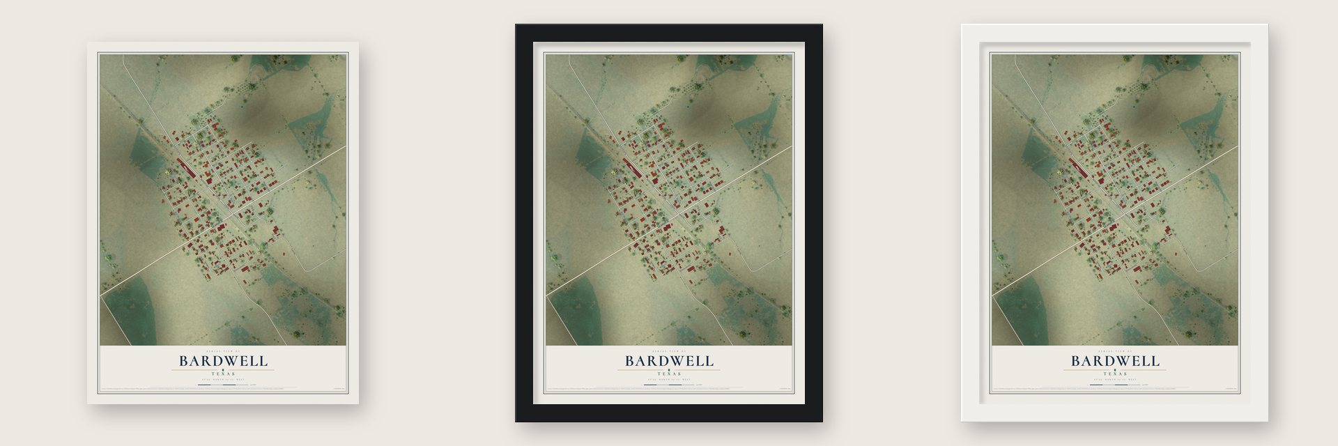 Bardwell, Texas map unframed, in a black wood frame and in a white wood frame