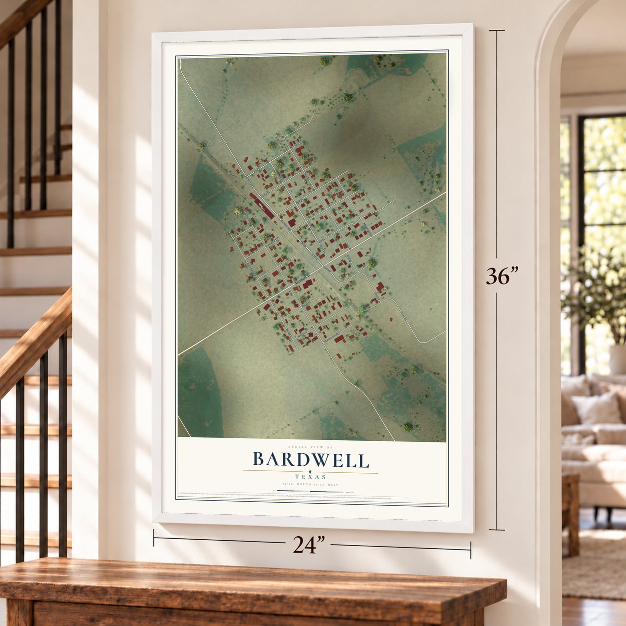 Bardwell, Texas map, 24 x 36 inch print in a white frame by a staircase