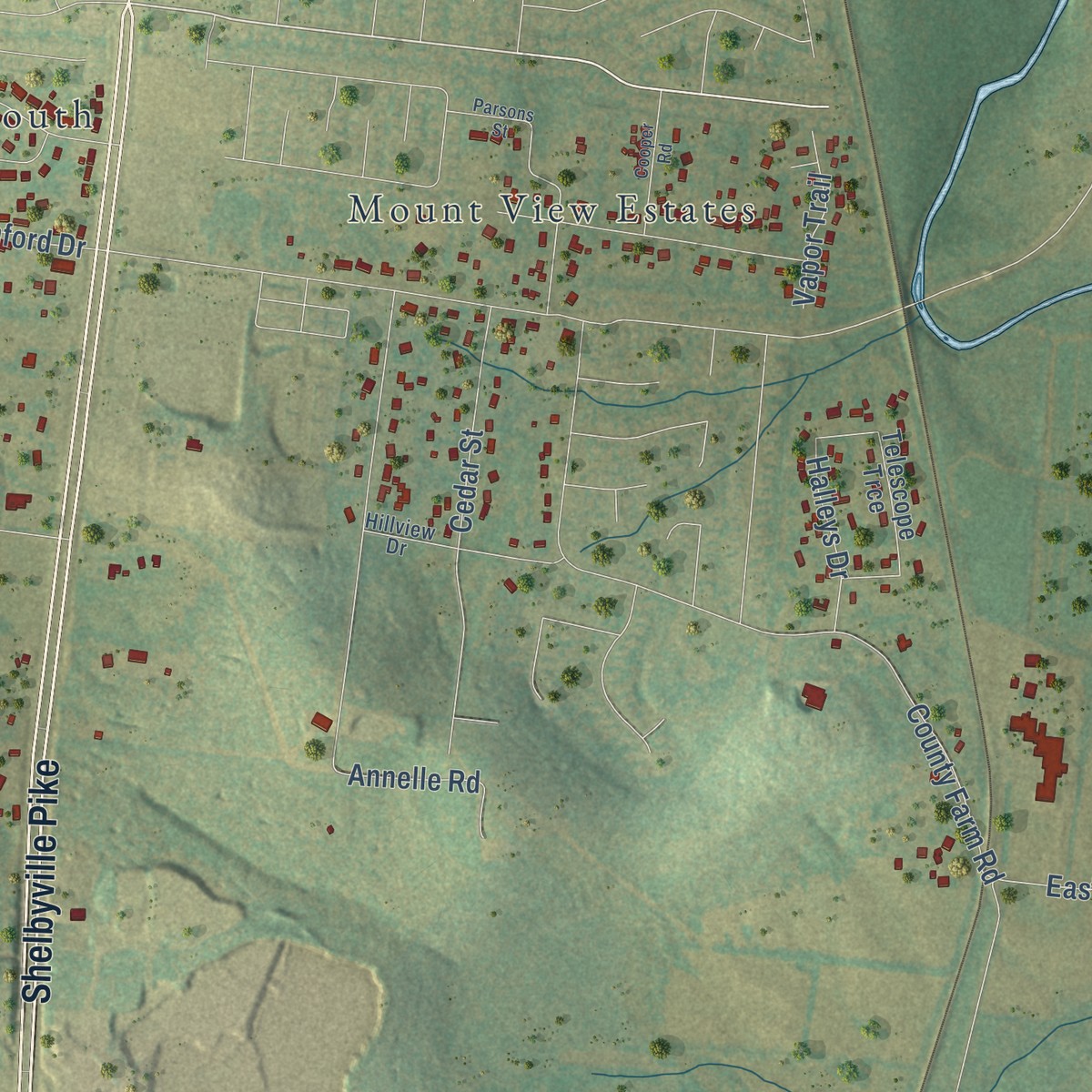 Second close-up of the map of Barfield, Tennessee print showing more streets and buildings