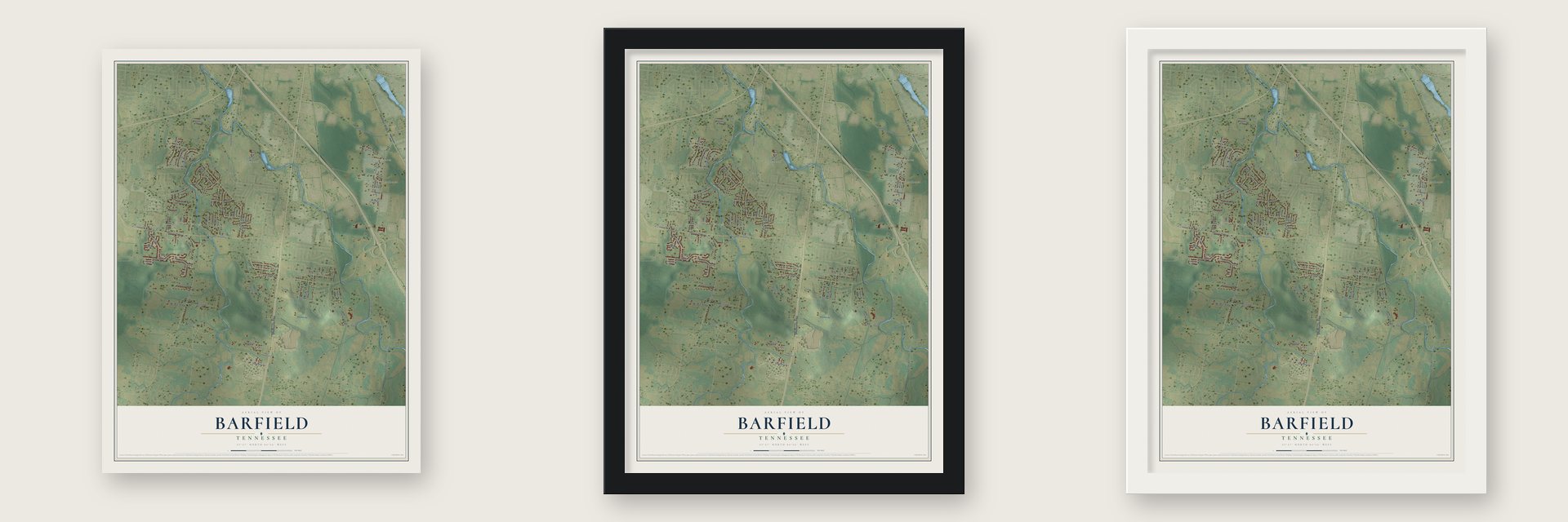 Barfield, Tennessee map unframed, in a black wood frame and in a white wood frame