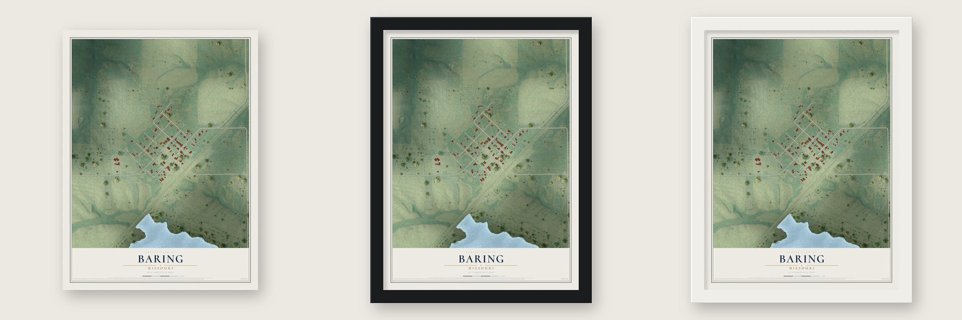 Baring, Missouri map unframed, in a black wood frame and in a white wood frame