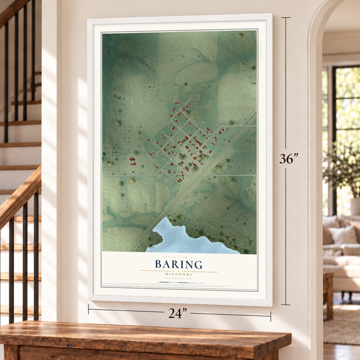 Baring, Missouri map, 24 x 36 inch print in a white frame by a staircase