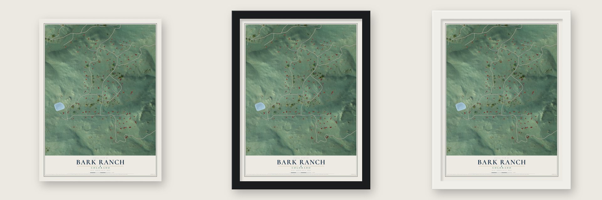 Bark Ranch, Colorado map unframed, in a black wood frame and in a white wood frame