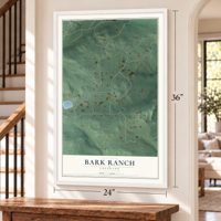 Bark Ranch, Colorado map, 24 x 36 inch print in a white frame by a staircase