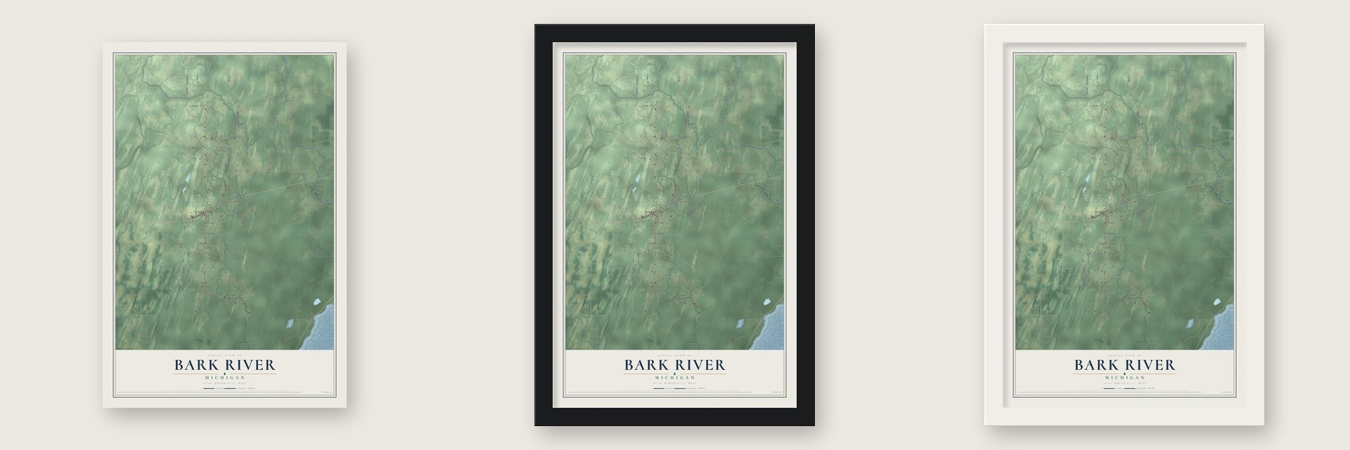 Bark River, Michigan map unframed, in a black wood frame and in a white wood frame