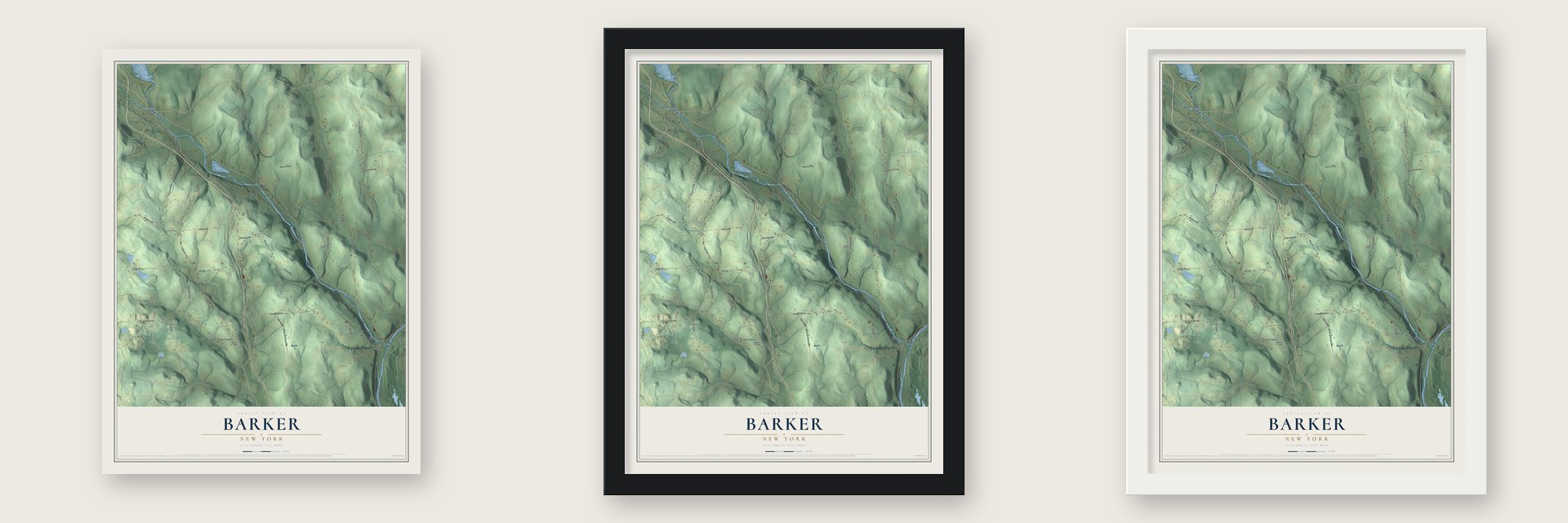 Barker, New York map unframed, in a black wood frame and in a white wood frame