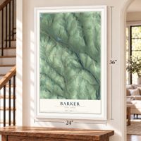 Barker, New York map, 24 x 36 inch print in a white frame by a staircase
