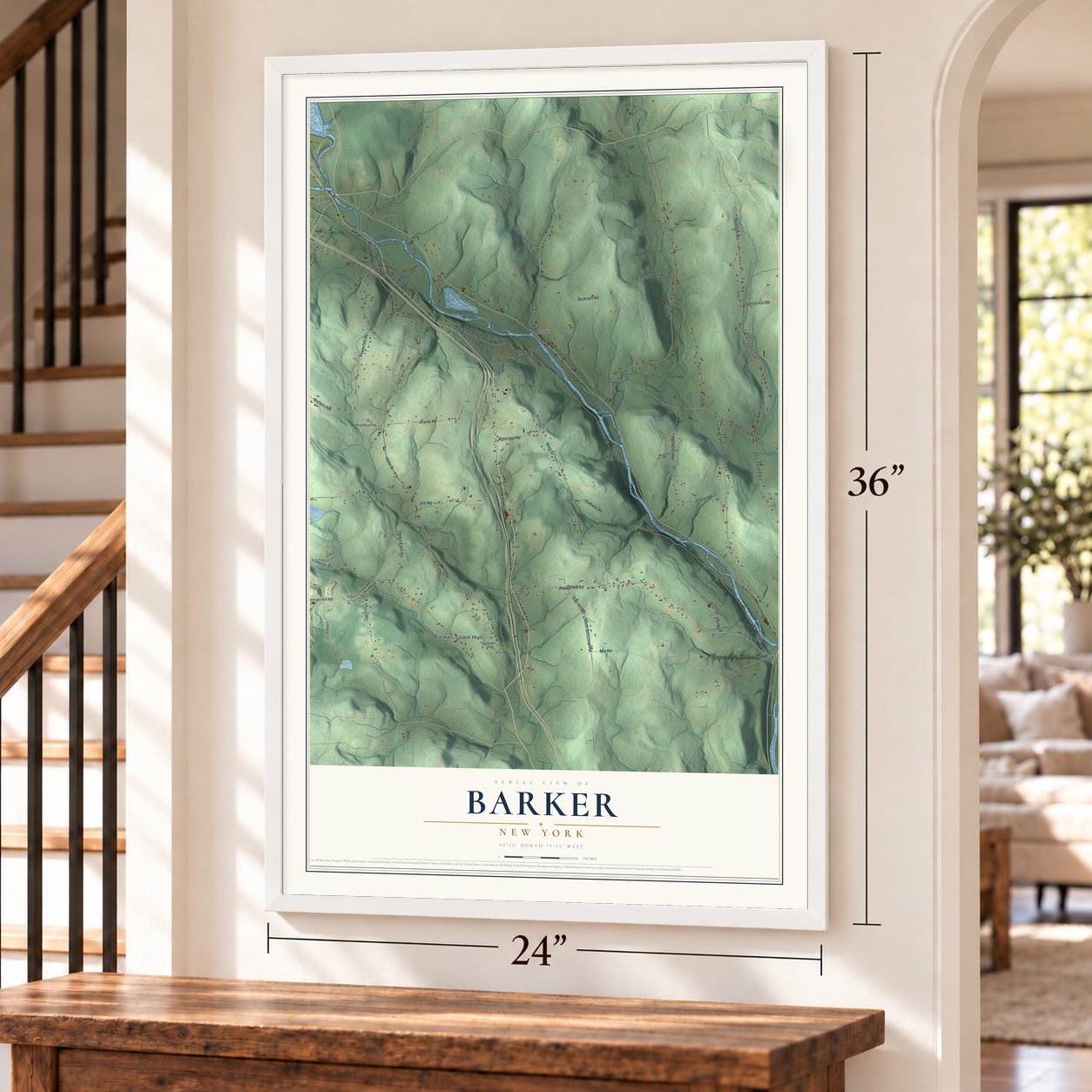 Barker, New York map, 24 x 36 inch print in a white frame by a staircase