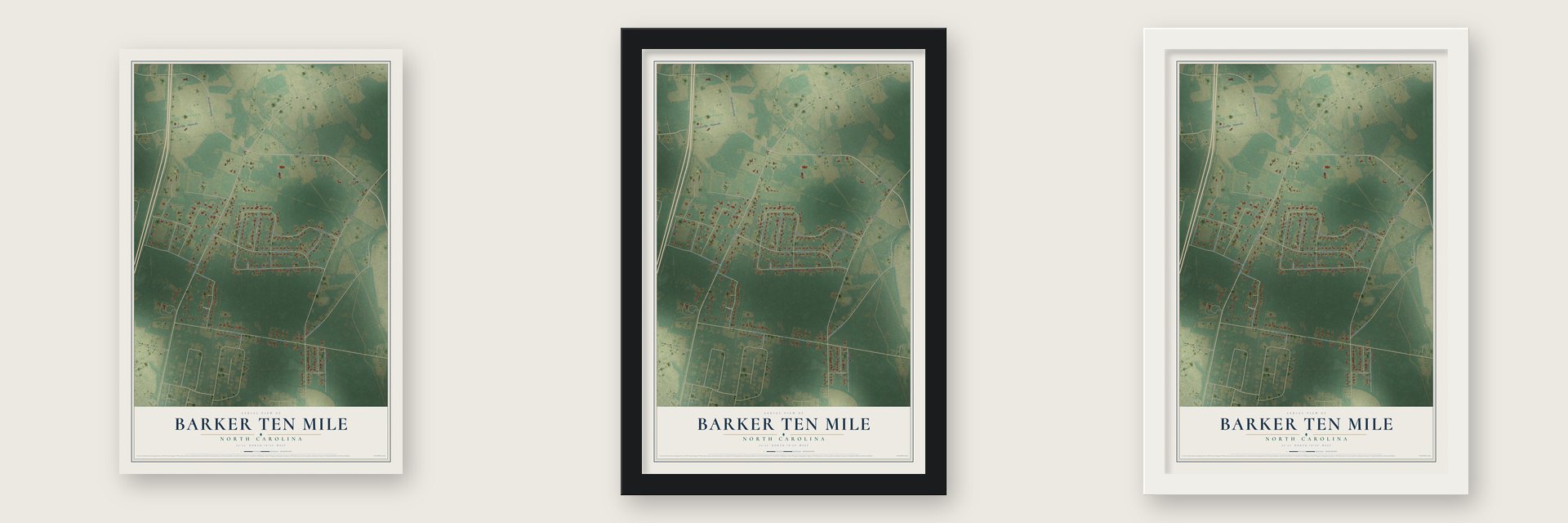 Barker Ten Mile, North Carolina map unframed, in a black wood frame and in a white wood frame