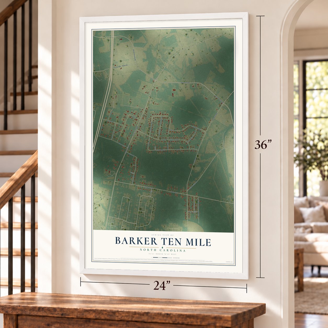 Barker Ten Mile, North Carolina map, 24 x 36 inch print in a white frame by a staircase