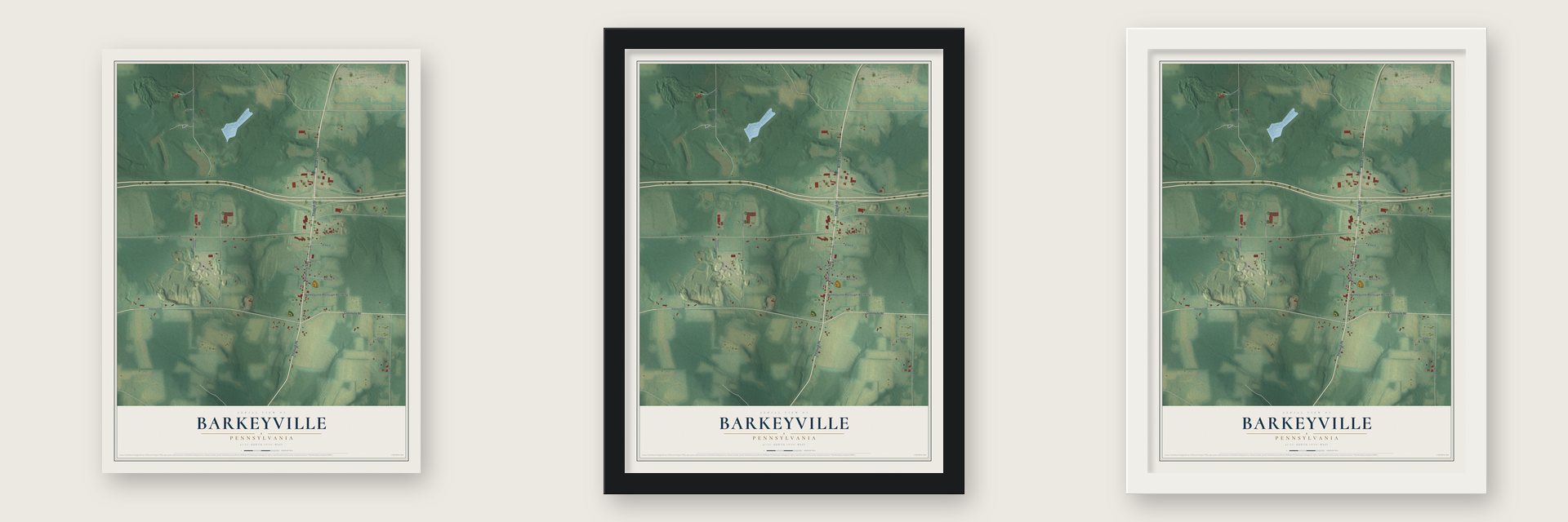 Barkeyville, Pennsylvania map unframed, in a black wood frame and in a white wood frame