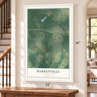 Barkeyville, Pennsylvania map, 24 x 36 inch print in a white frame by a staircase
