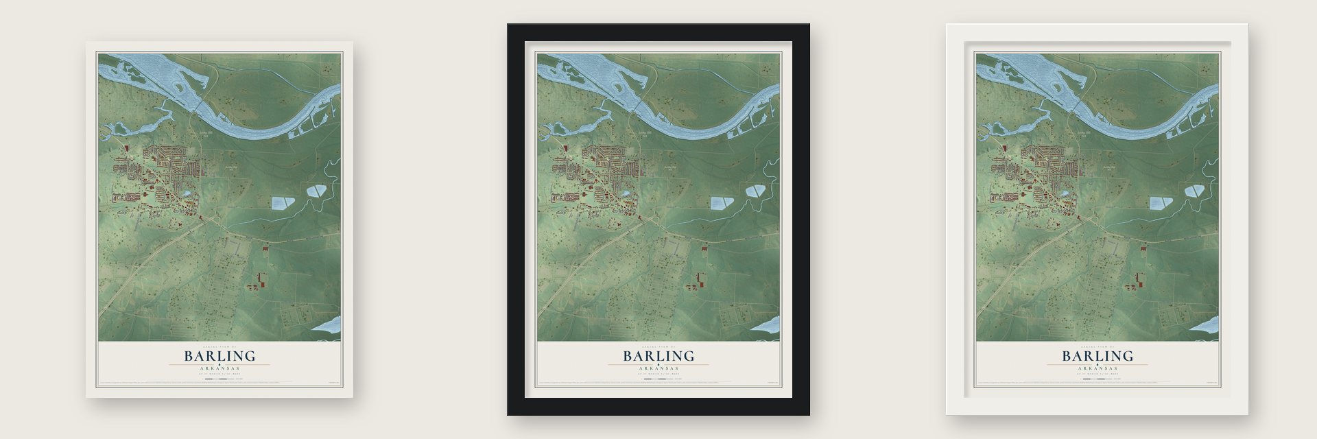 Barling, Arkansas map unframed, in a black wood frame and in a white wood frame