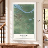 Barling, Arkansas map, 24 x 36 inch print in a white frame by a staircase