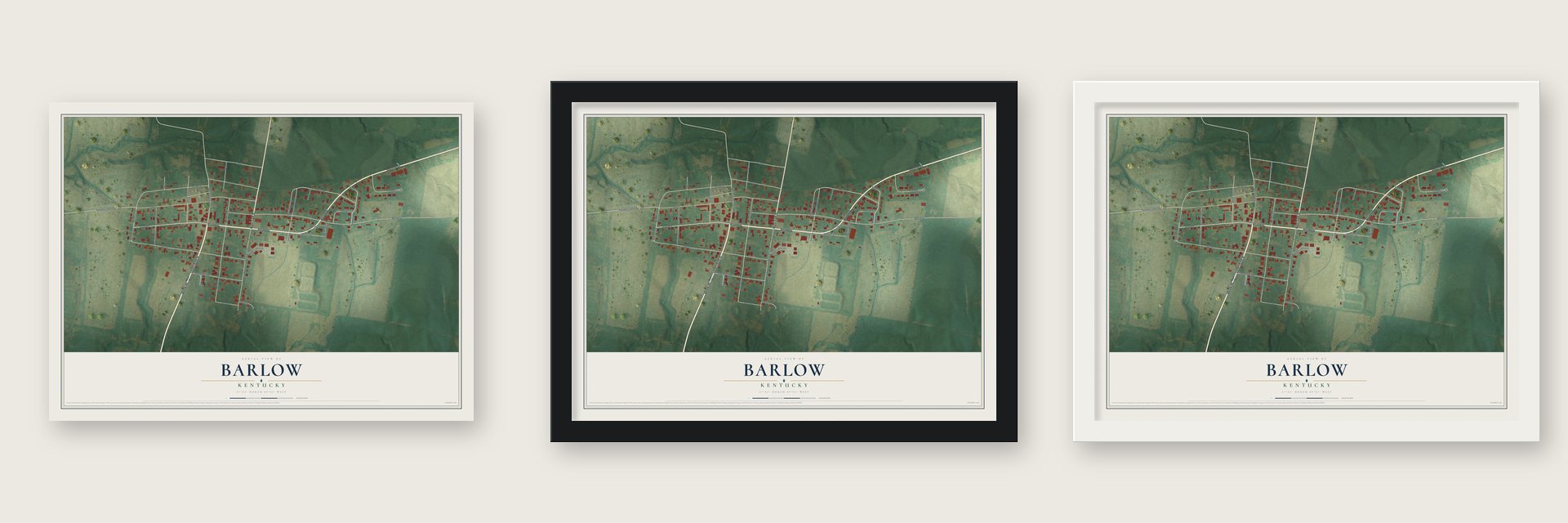 Barlow, Kentucky map unframed, in a black wood frame and in a white wood frame