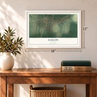 Barlow, Kentucky map, 12 x 18 inch print in a white frame in an entryway