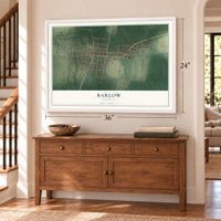 Barlow, Kentucky map, 24 x 36 inch print in a white frame above a dresser by a staircase