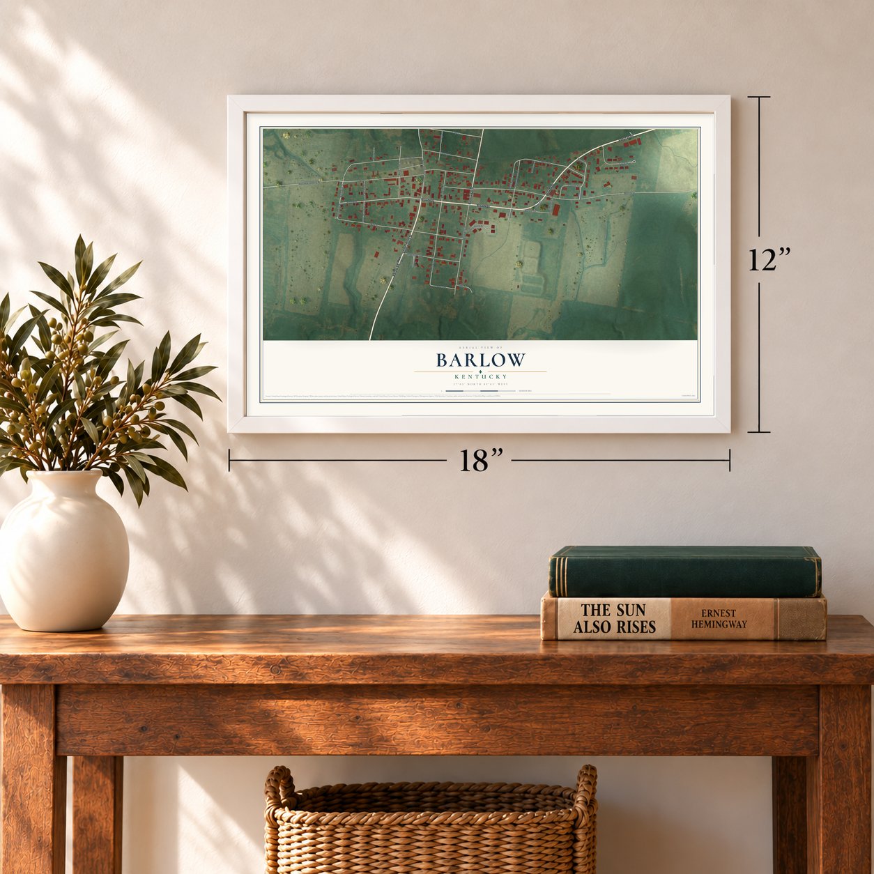 Barlow, Kentucky map, 12 x 18 inch print in a white frame in an entryway