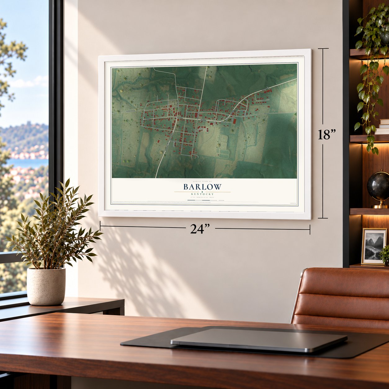 Barlow, Kentucky map, 18 x 24 inch print in a white frame in a home office