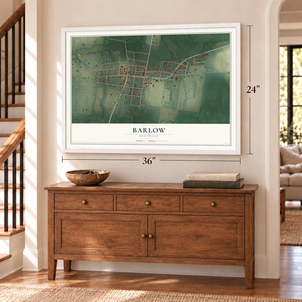 Barlow, Kentucky map, 24 x 36 inch print in a white frame above a dresser by a staircase
