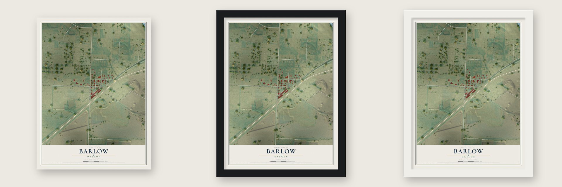 Barlow, Oregon map unframed, in a black wood frame and in a white wood frame