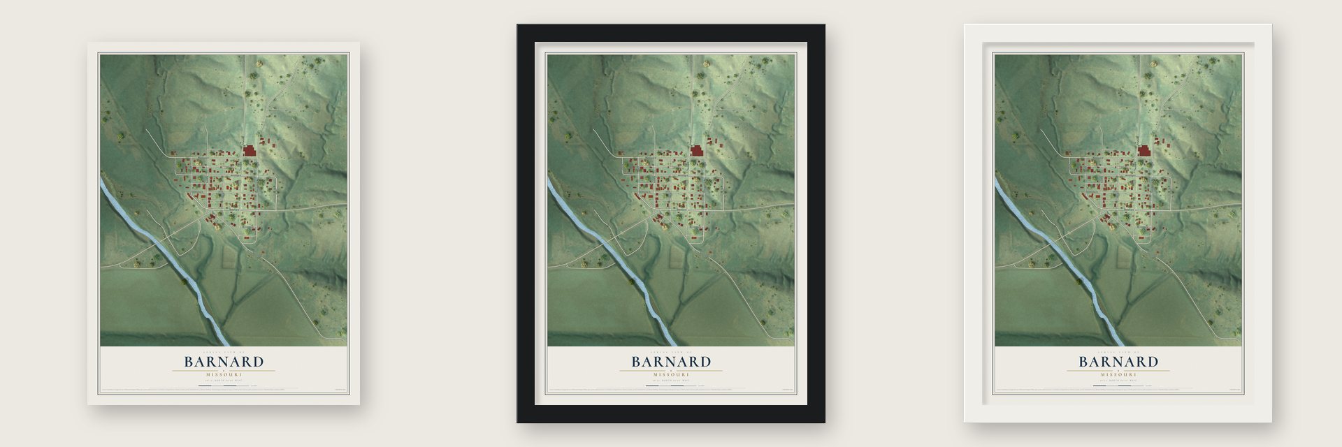 Barnard, Missouri map unframed, in a black wood frame and in a white wood frame