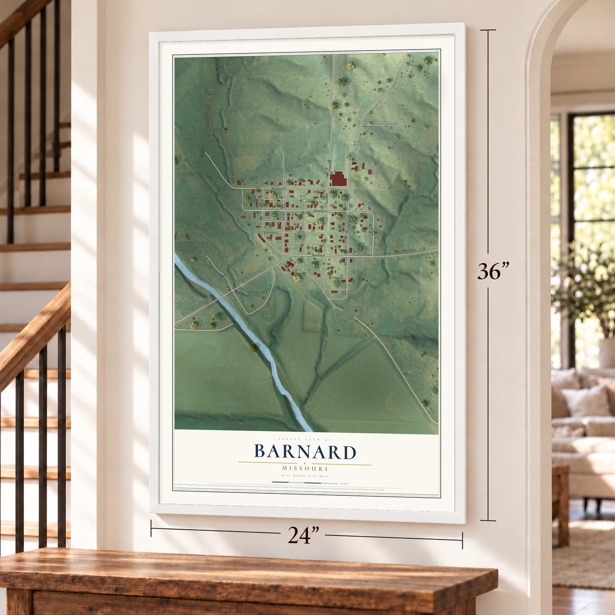 Barnard, Missouri map, 24 x 36 inch print in a white frame by a staircase