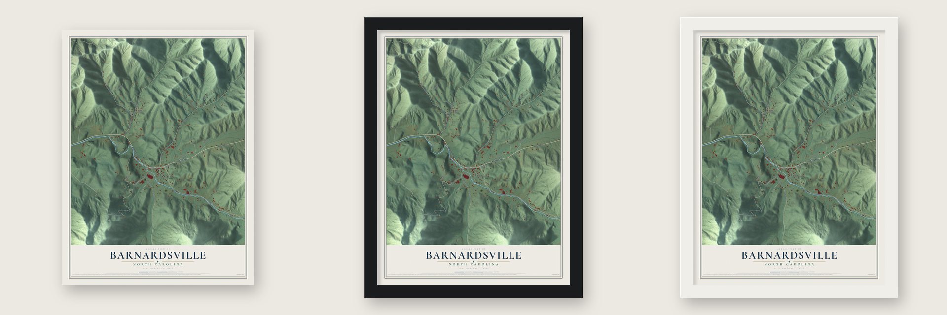 Barnardsville, North Carolina map unframed, in a black wood frame and in a white wood frame