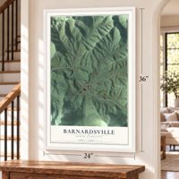 Barnardsville, North Carolina map, 24 x 36 inch print in a white frame by a staircase