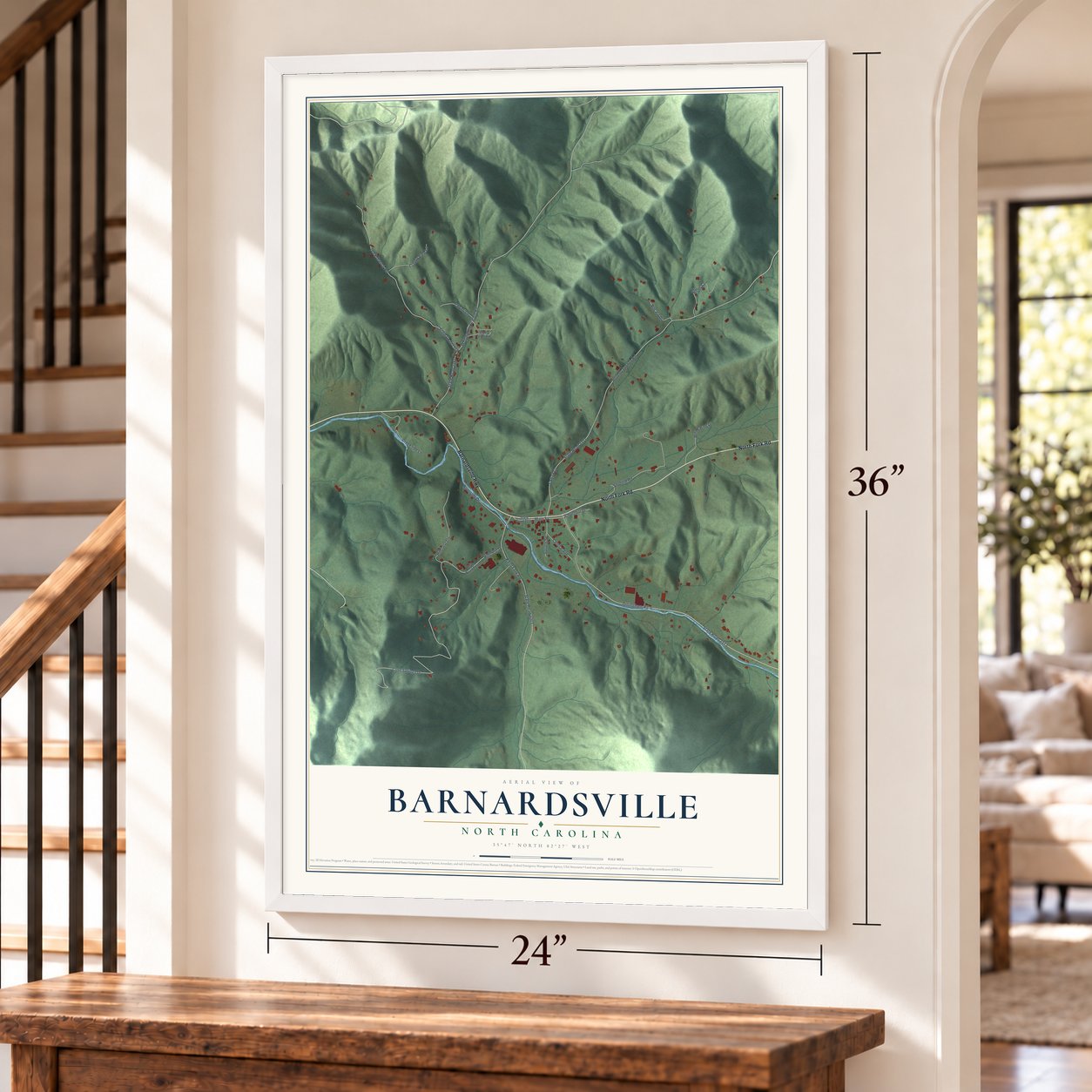 Barnardsville, North Carolina map, 24 x 36 inch print in a white frame by a staircase