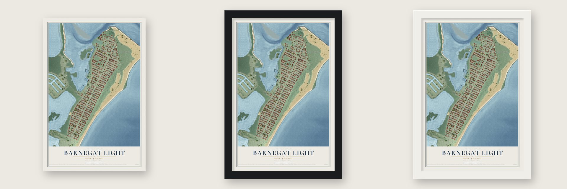 Barnegat Light, New Jersey map unframed, in a black wood frame and in a white wood frame