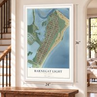 Barnegat Light, New Jersey map, 24 x 36 inch print in a white frame by a staircase