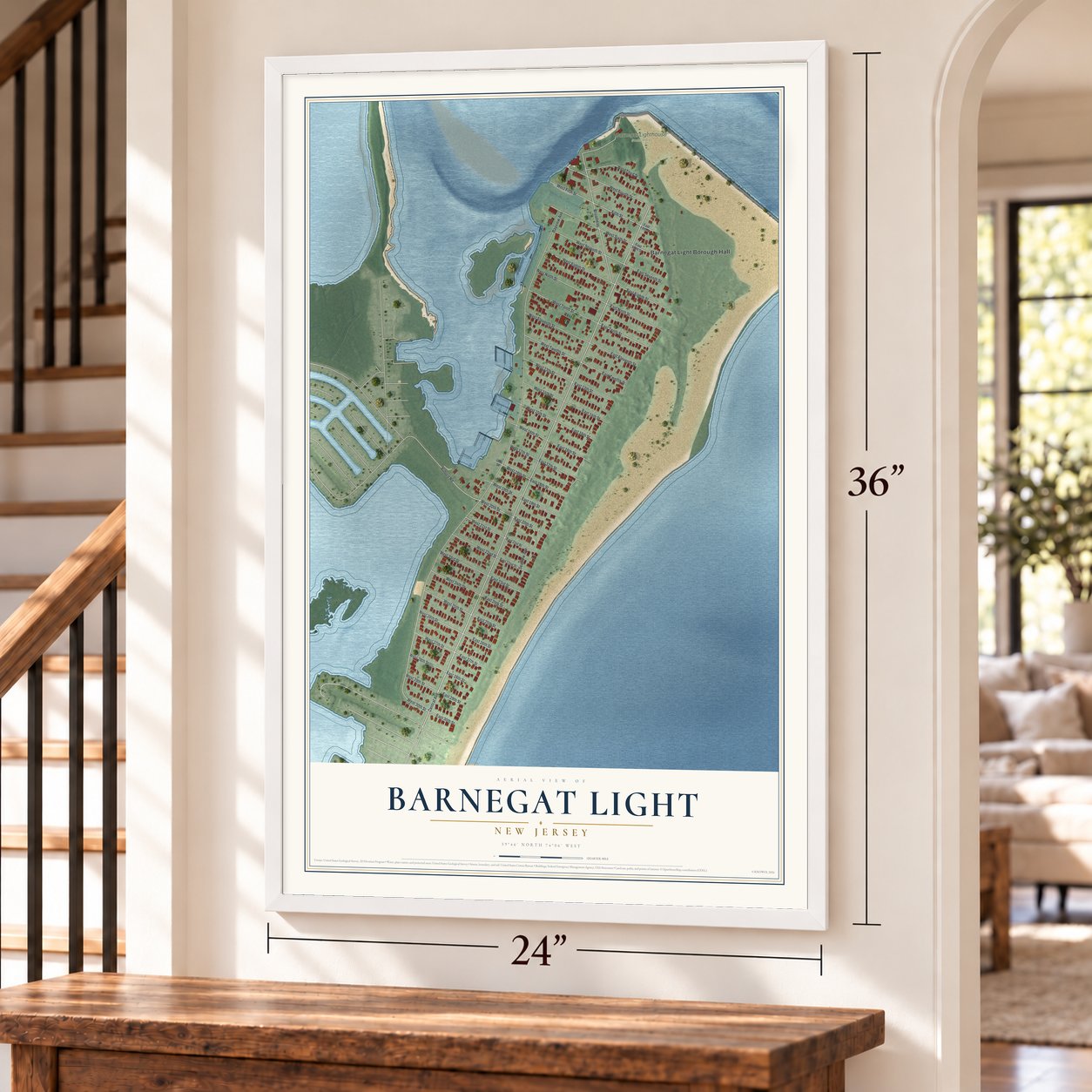 Barnegat Light, New Jersey map, 24 x 36 inch print in a white frame by a staircase