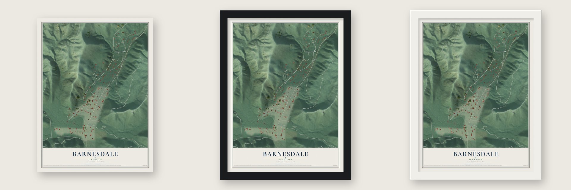 Barnesdale, Oregon map unframed, in a black wood frame and in a white wood frame