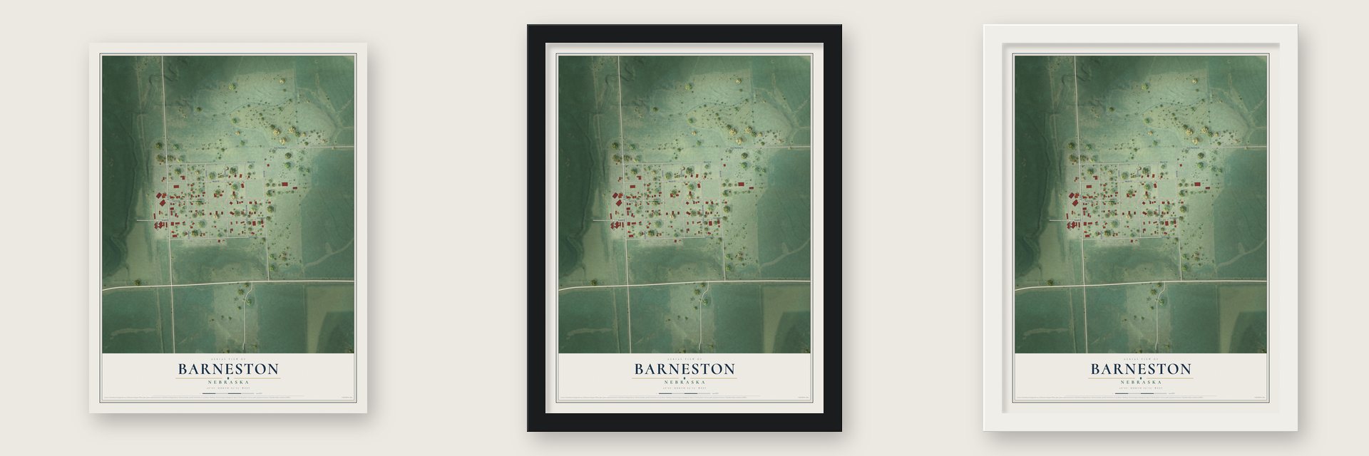 Barneston, Nebraska map unframed, in a black wood frame and in a white wood frame