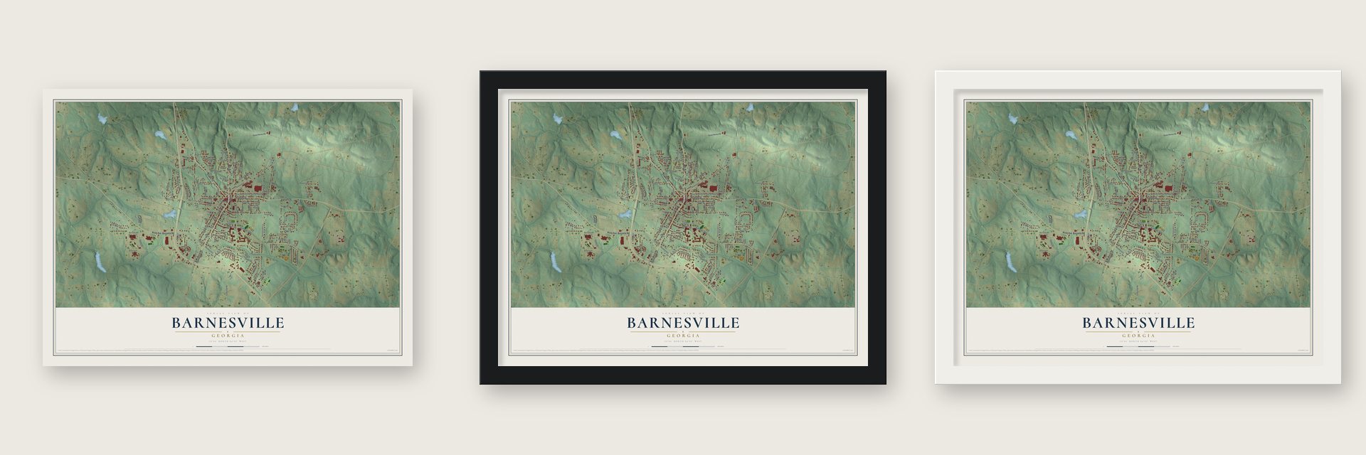 Barnesville, Georgia map unframed, in a black wood frame and in a white wood frame