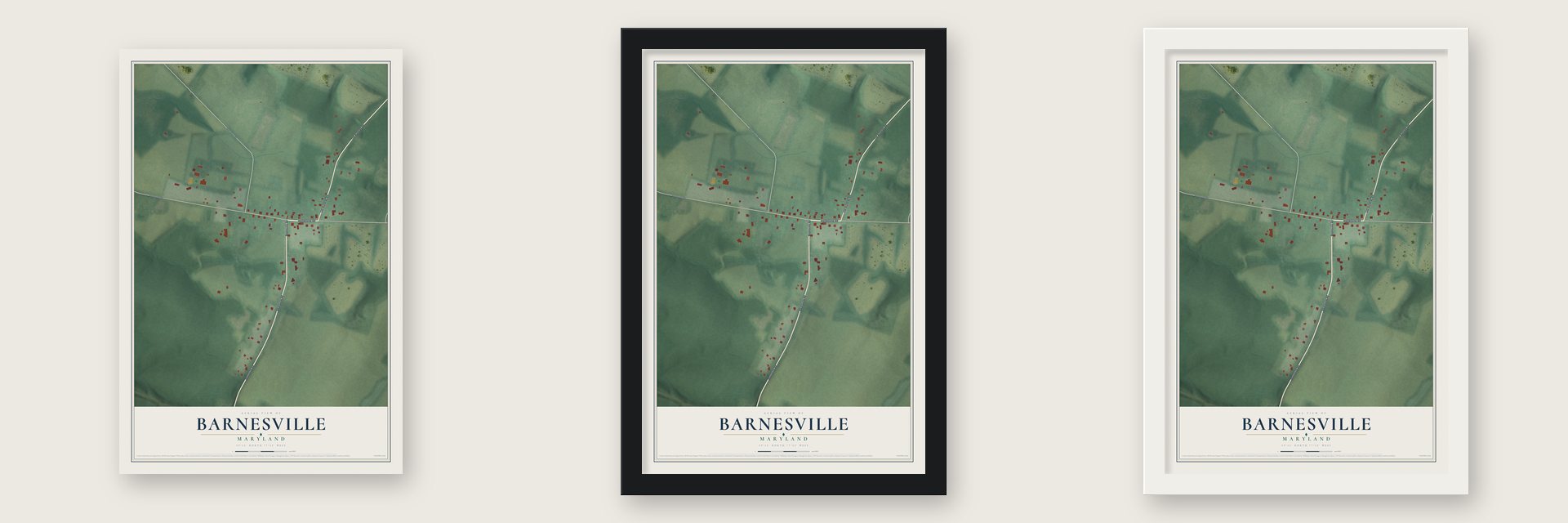 Barnesville, Maryland map unframed, in a black wood frame and in a white wood frame