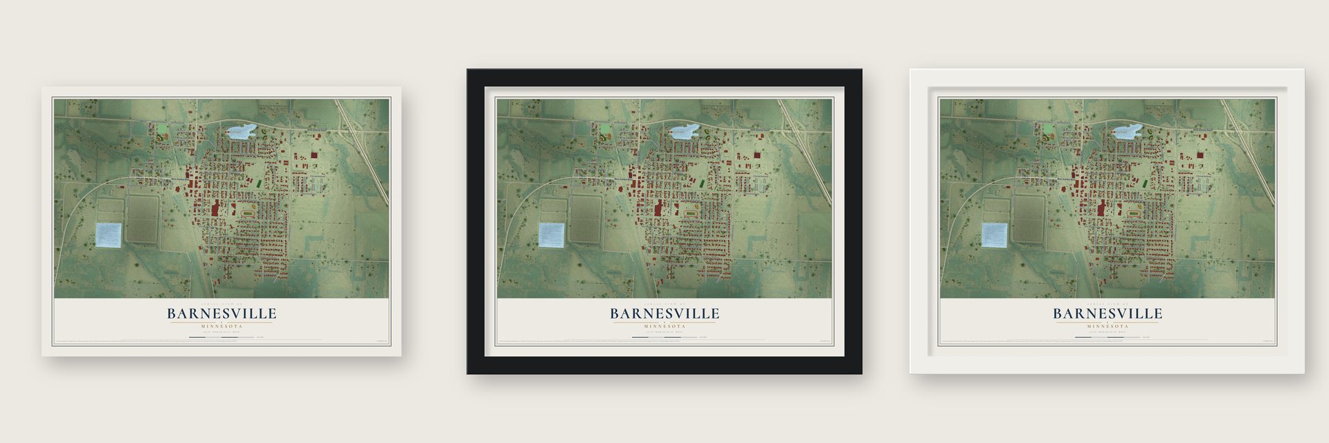 Barnesville, Minnesota map unframed, in a black wood frame and in a white wood frame