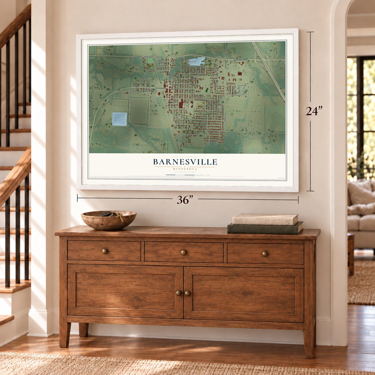 Barnesville, Minnesota map, 24 x 36 inch print in a white frame above a dresser by a staircase