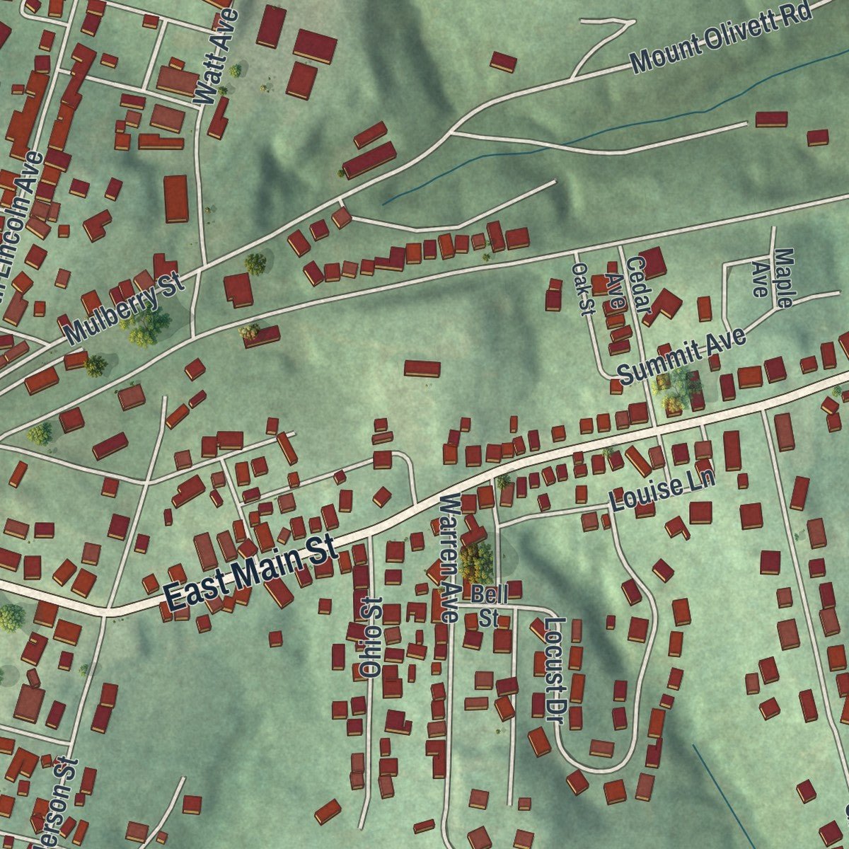 Second close-up of the map of Barnesville, Ohio print showing more streets and buildings