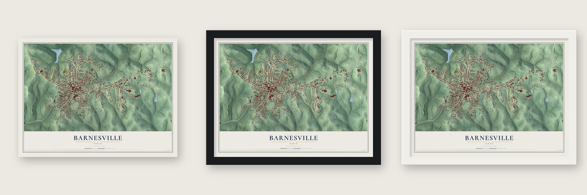 Barnesville, Ohio map unframed, in a black wood frame and in a white wood frame