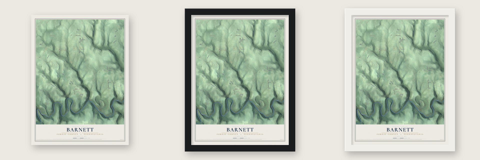 Barnett, Forest County, Pennsylvania map unframed, in a black wood frame and in a white wood frame