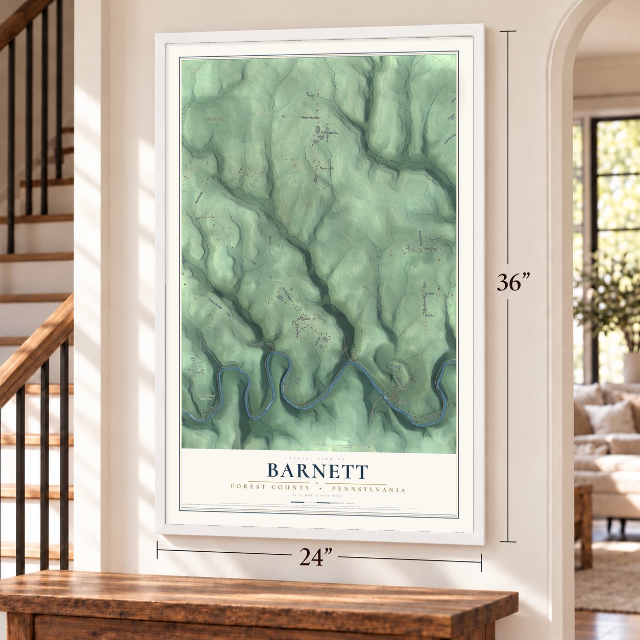 Barnett, Forest County, Pennsylvania map, 24 x 36 inch print in a white frame by a staircase