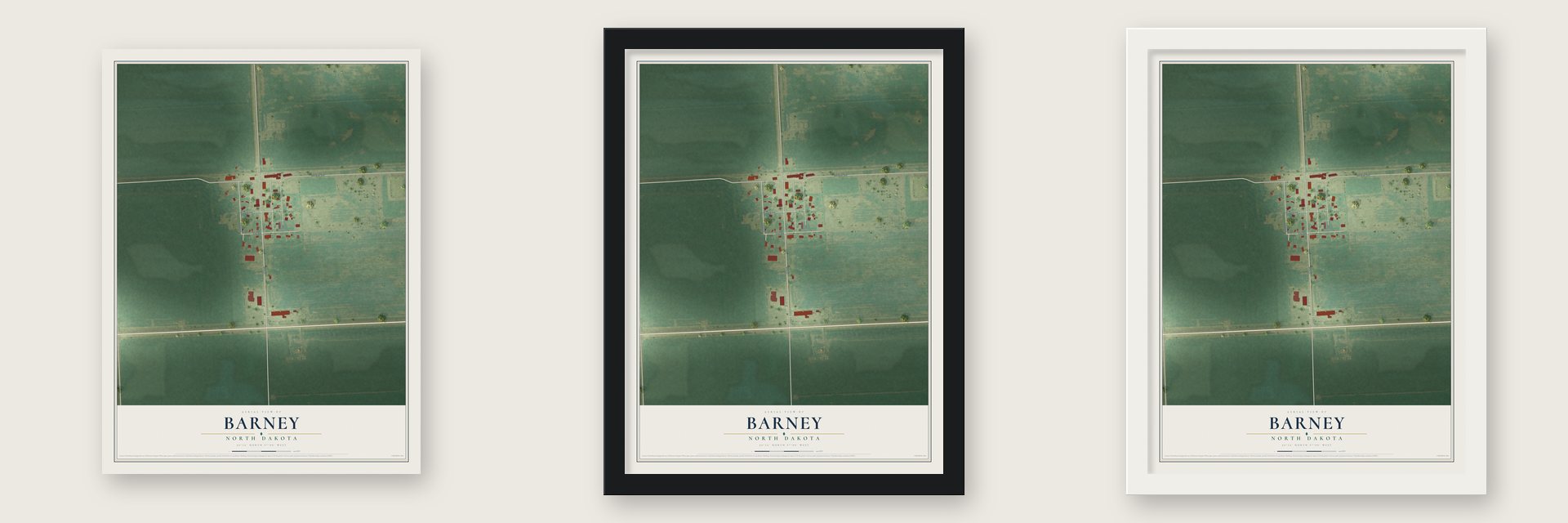 Barney, North Dakota map unframed, in a black wood frame and in a white wood frame