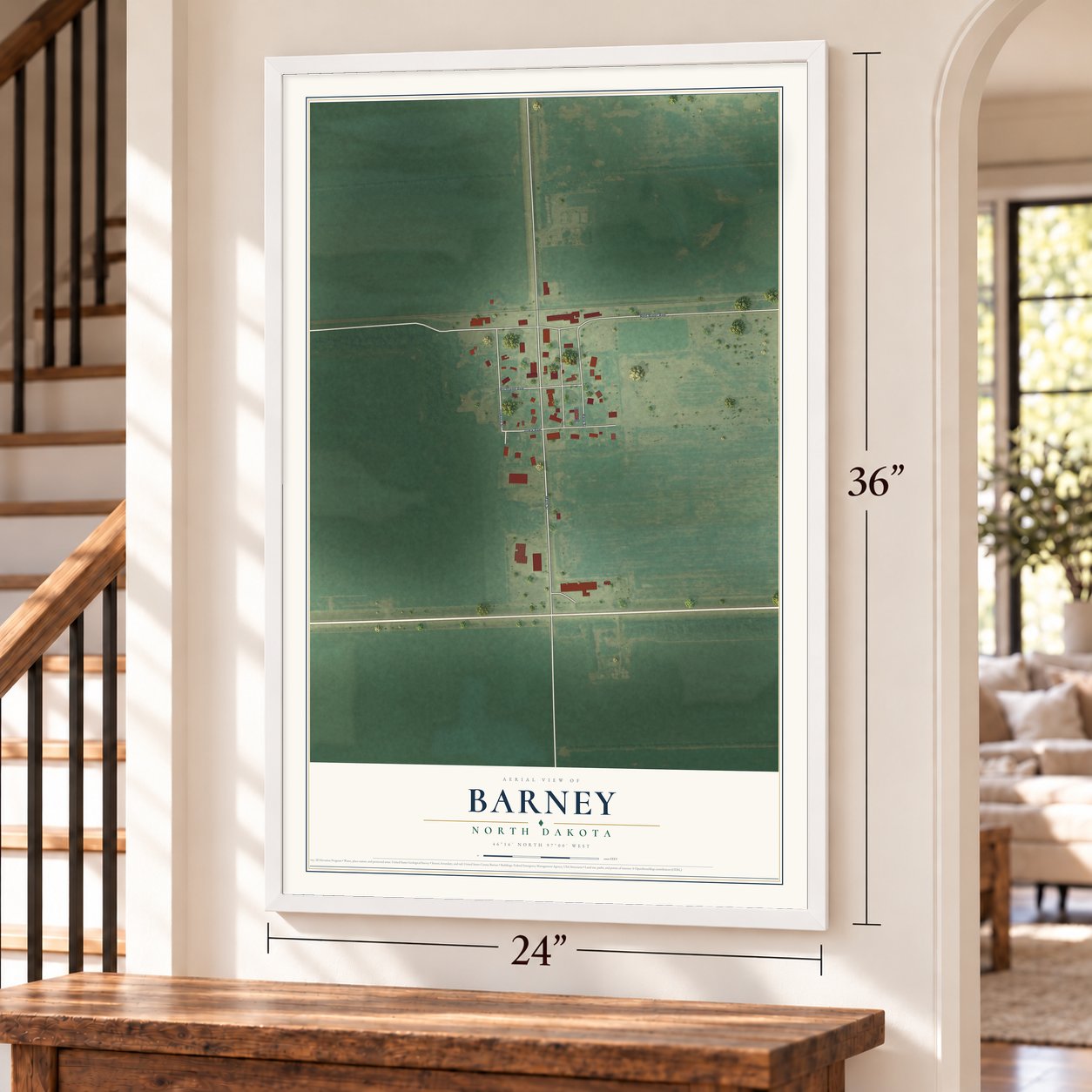 Barney, North Dakota map, 24 x 36 inch print in a white frame by a staircase